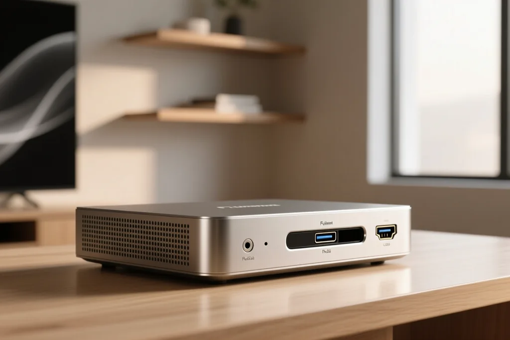 Aparelho de mídia com pendrive, teclado e cabo conectados às portas laterais