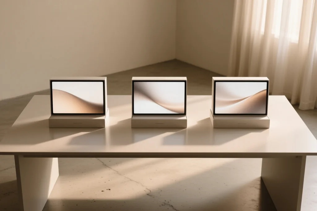 três aparelhos de streaming de tamanhos diferentes lado a lado sobre uma mesa