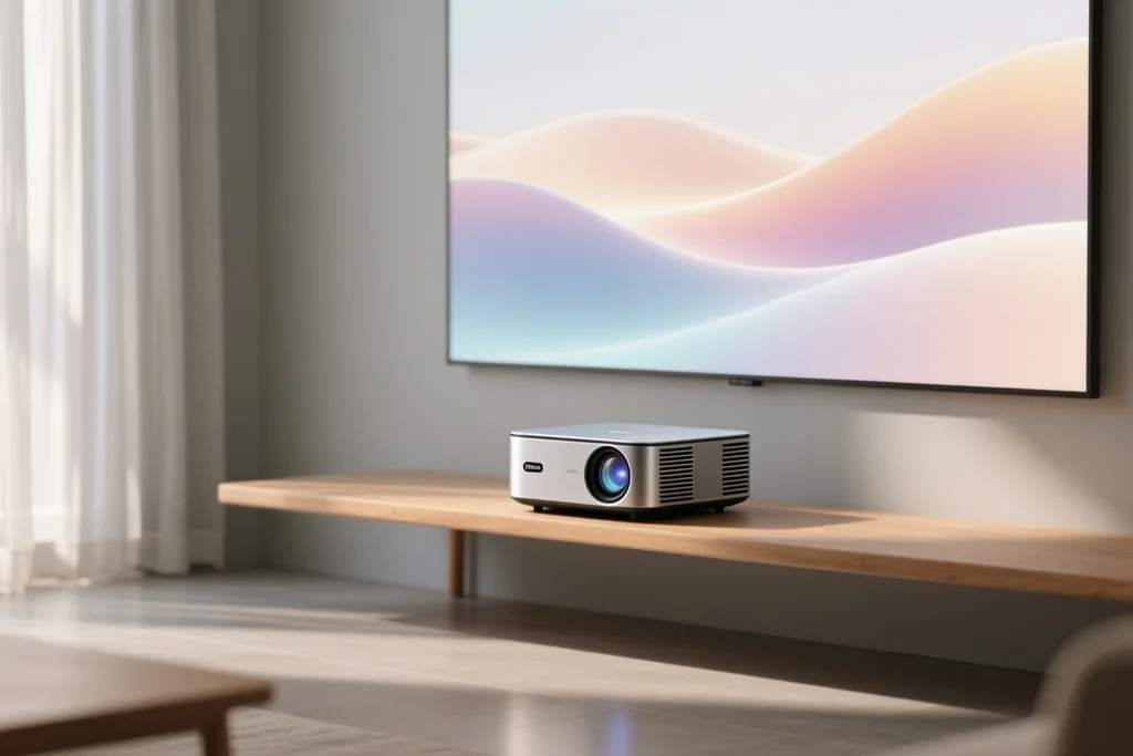 projetor de vídeo instalado em uma sala com imagem projetada na parede