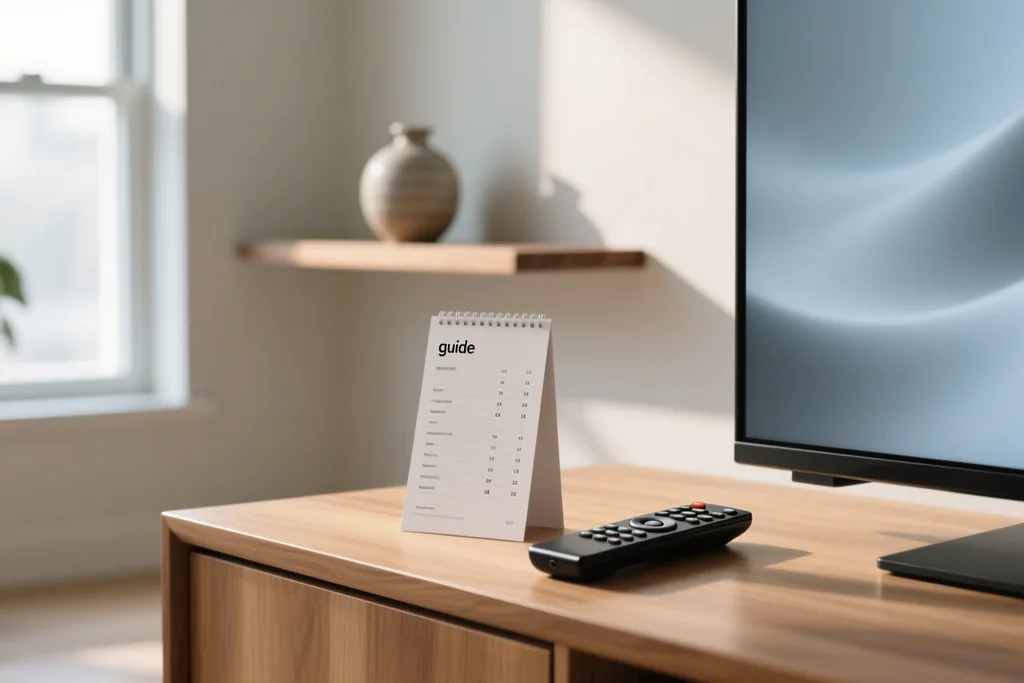 tela com grade de horários e nomes de canais em um aparelho de streaming
