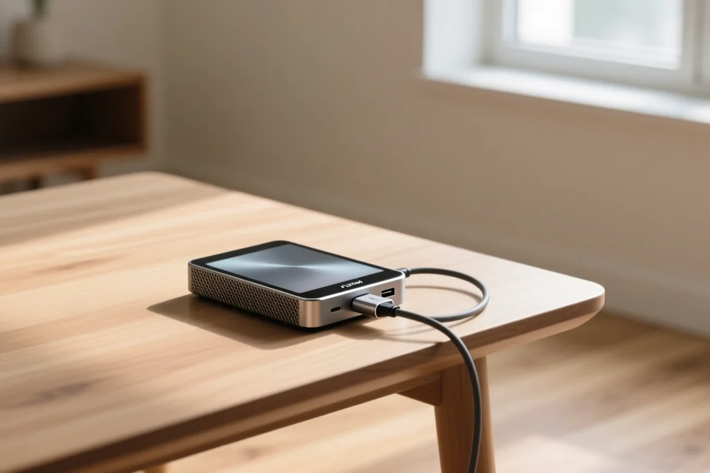 pendrive conectado a um aparelho de streaming sobre uma mesa