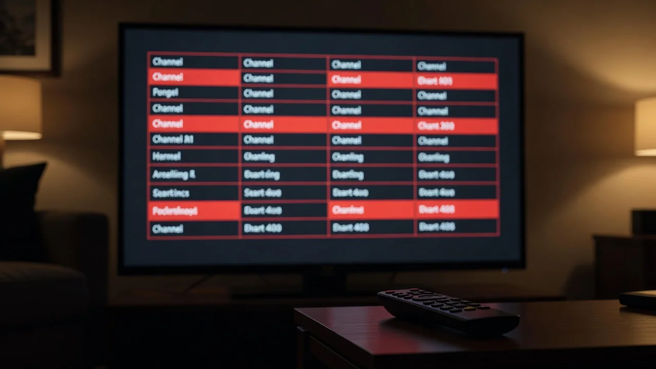 Grade de programação EPG de aplicativo de TV ao vivo em tela de televisão