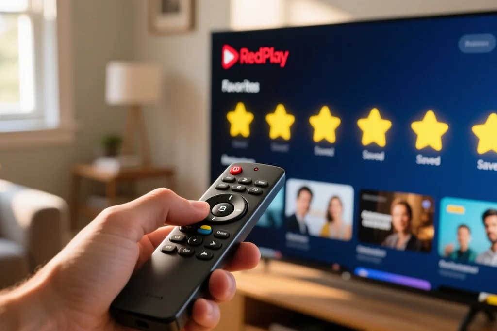 mão com controle remoto a navegar na lista de favoritos do RedPlay