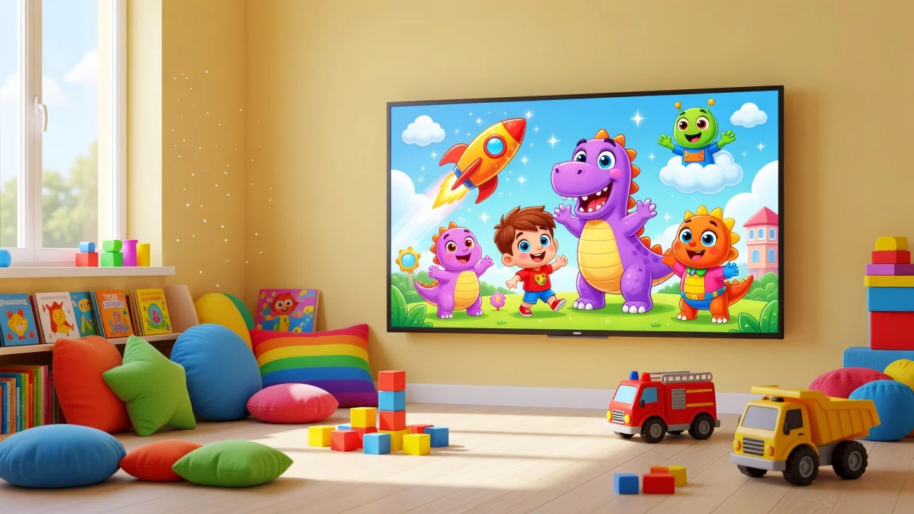 Criança assistindo desenho animado em televisão na sala