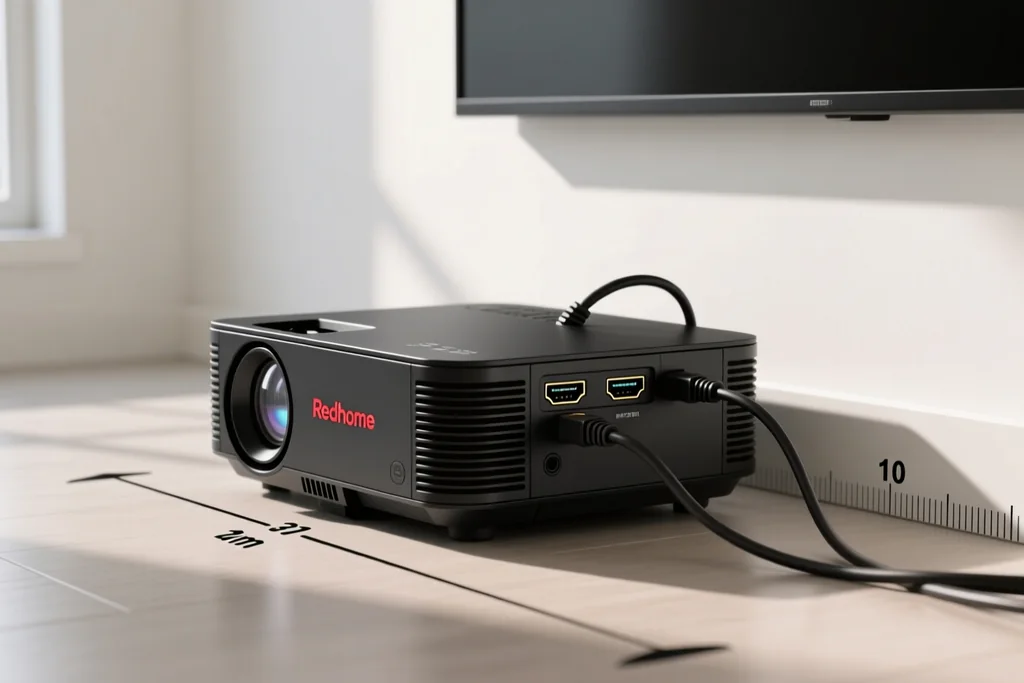projetor Redhome visto de perfil com cabos HDMI e distância até à parede