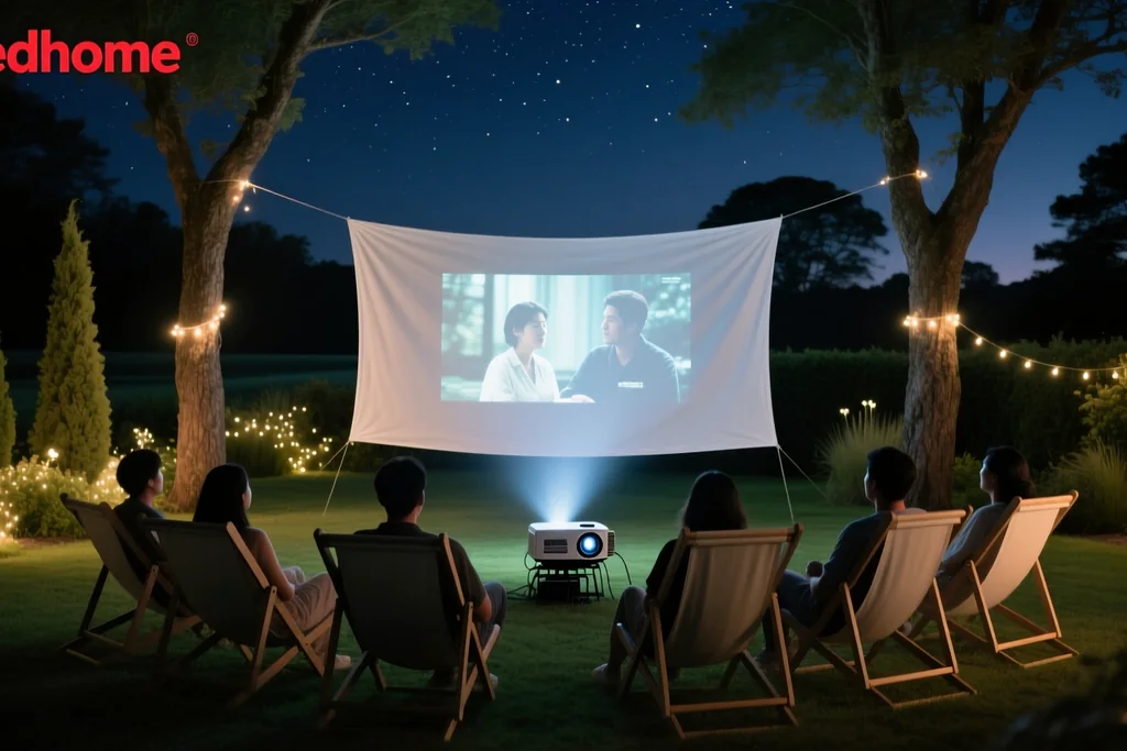 projetor Redhome no jardim à noite a projetar num lençol esticado