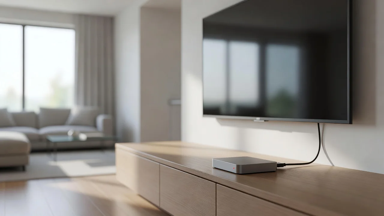 TV box compacta conectada a televisão em sala de estar