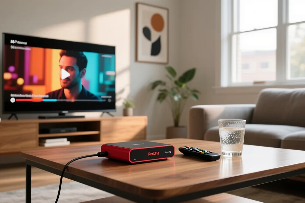 RedOne ligado a uma TV de 55 polegadas numa sala de estar