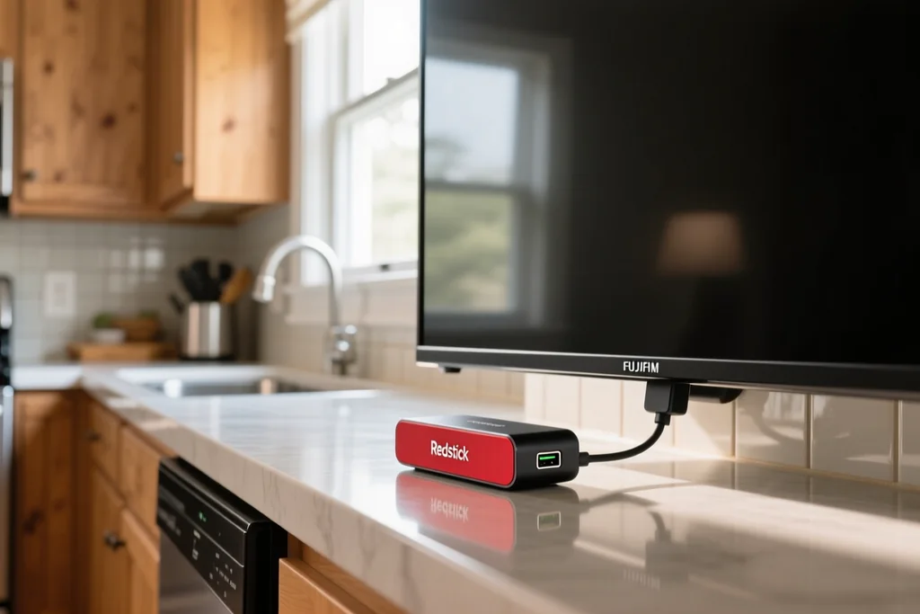 Redstick 2 ligado a uma TV de cozinha num espaço reduzido