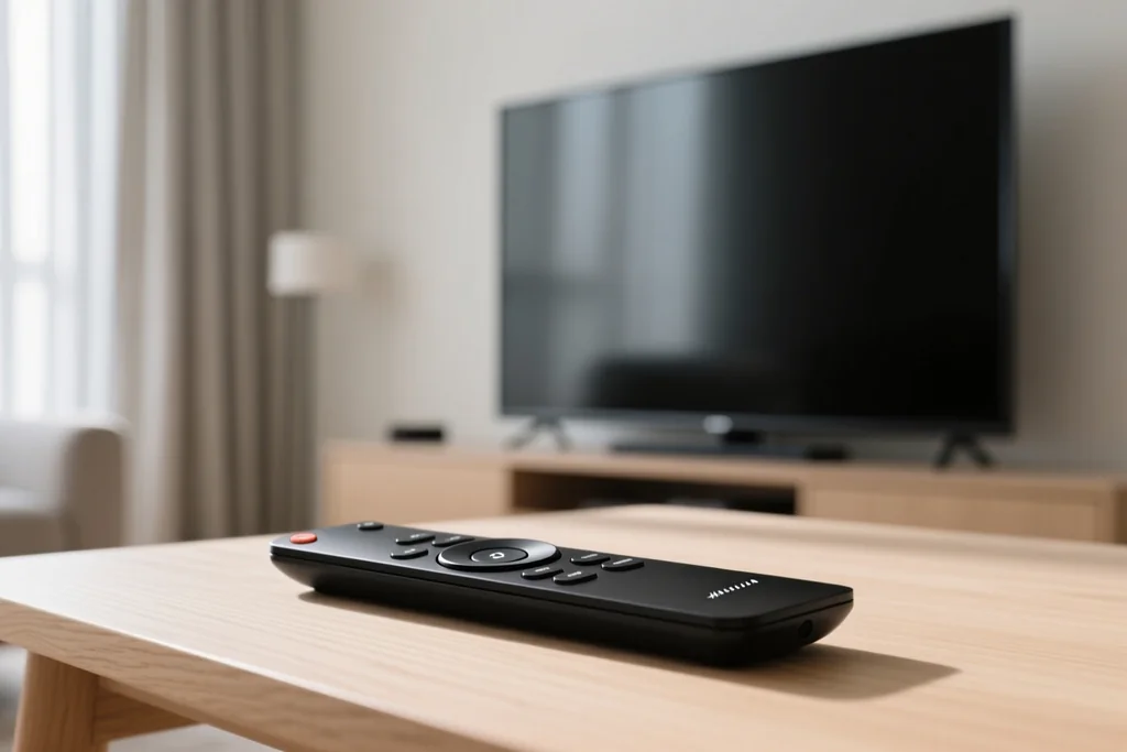 controle remoto de smart TV com botões de voz e atalhos de perfis