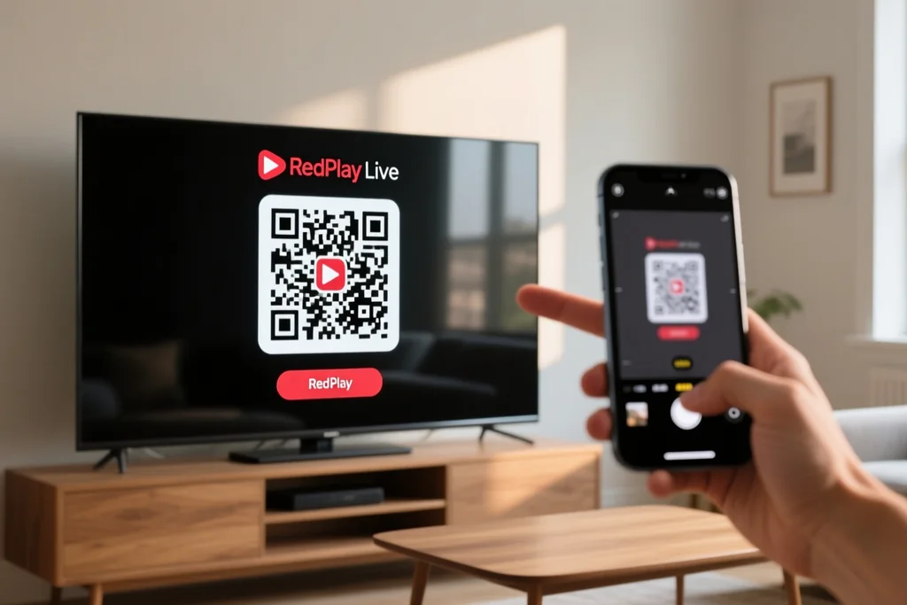 smart TV com código QR de ativação do RedPlay Live e celular apontado ao ecrã