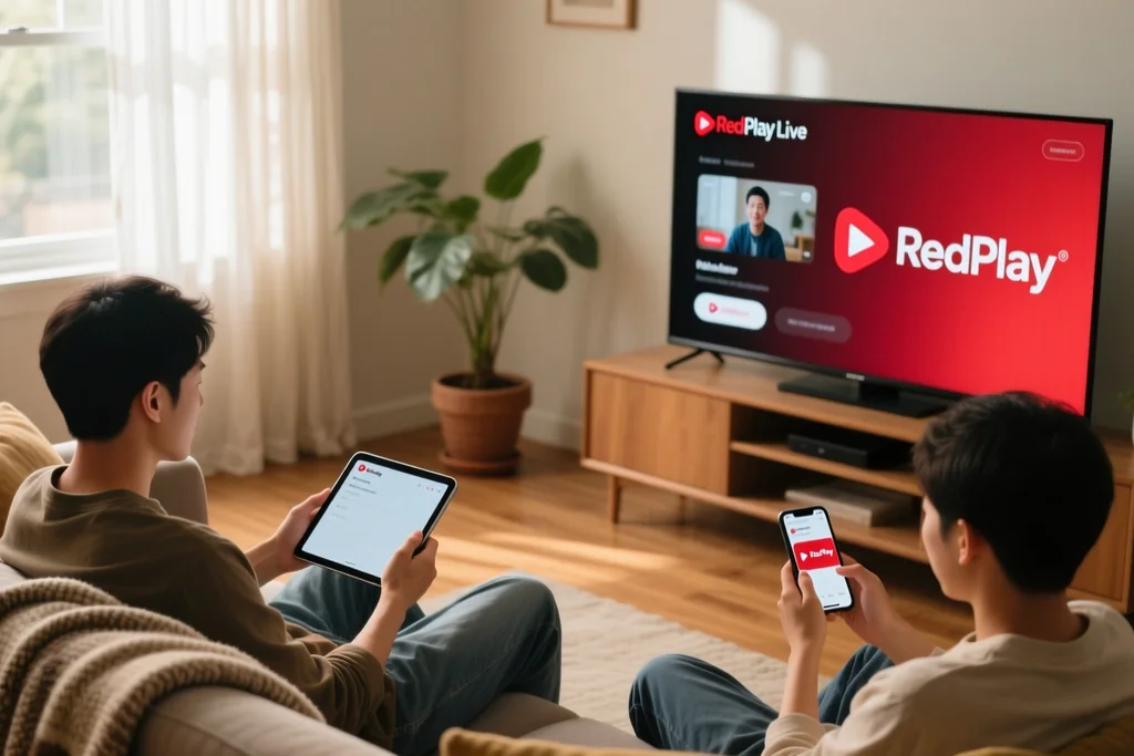família na sala com a mesma assinatura RedPlay Live na TV e no celular